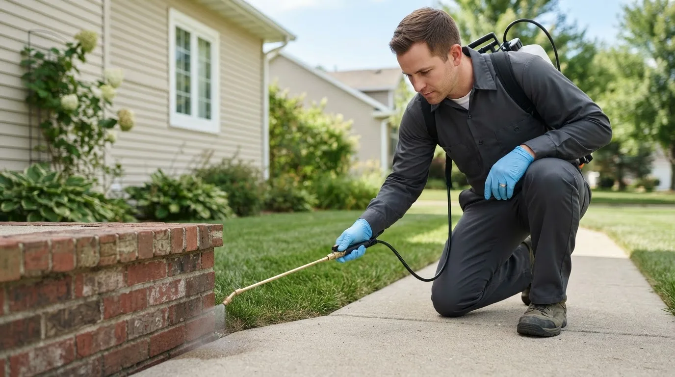 Pest control technician treating a home near Ellsworth, KS